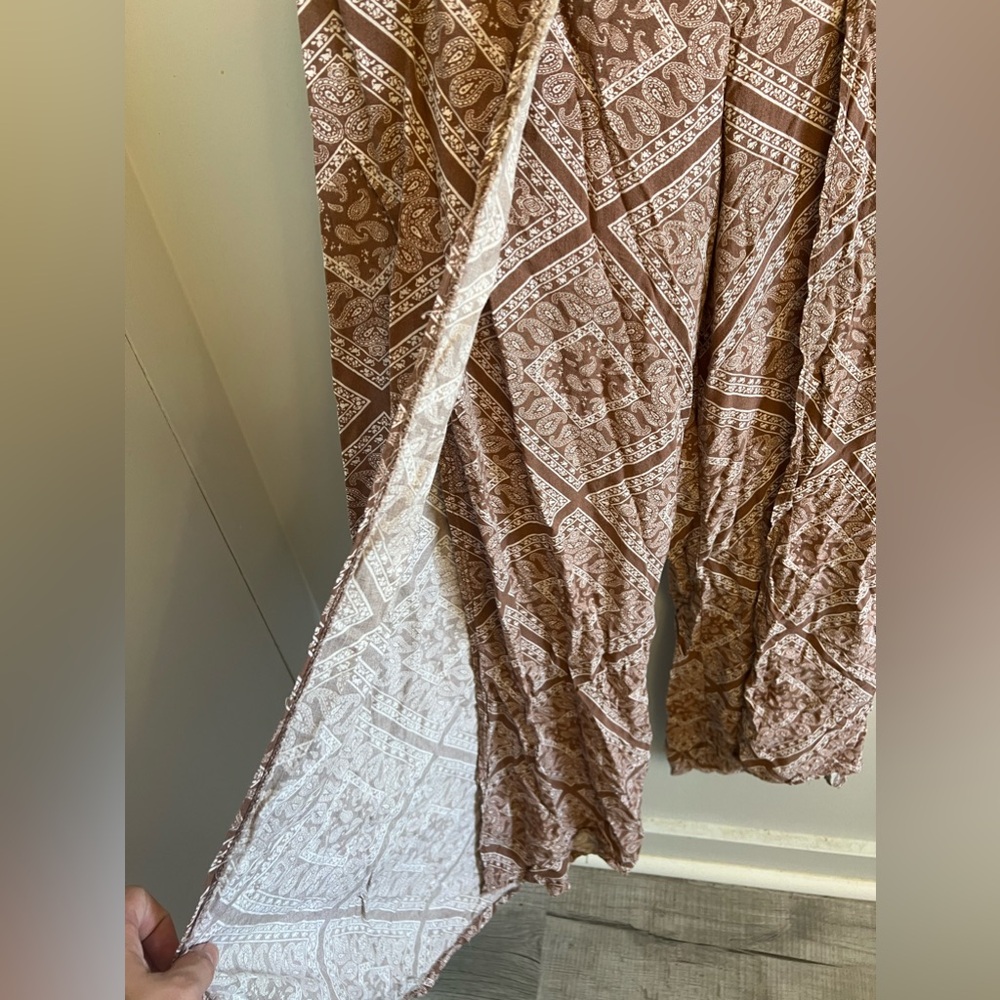 JWLOVESME Brown & White Wrap Style Tie Front High Slit Flowy Boho Palazzo Pants - Picture 4 of 6